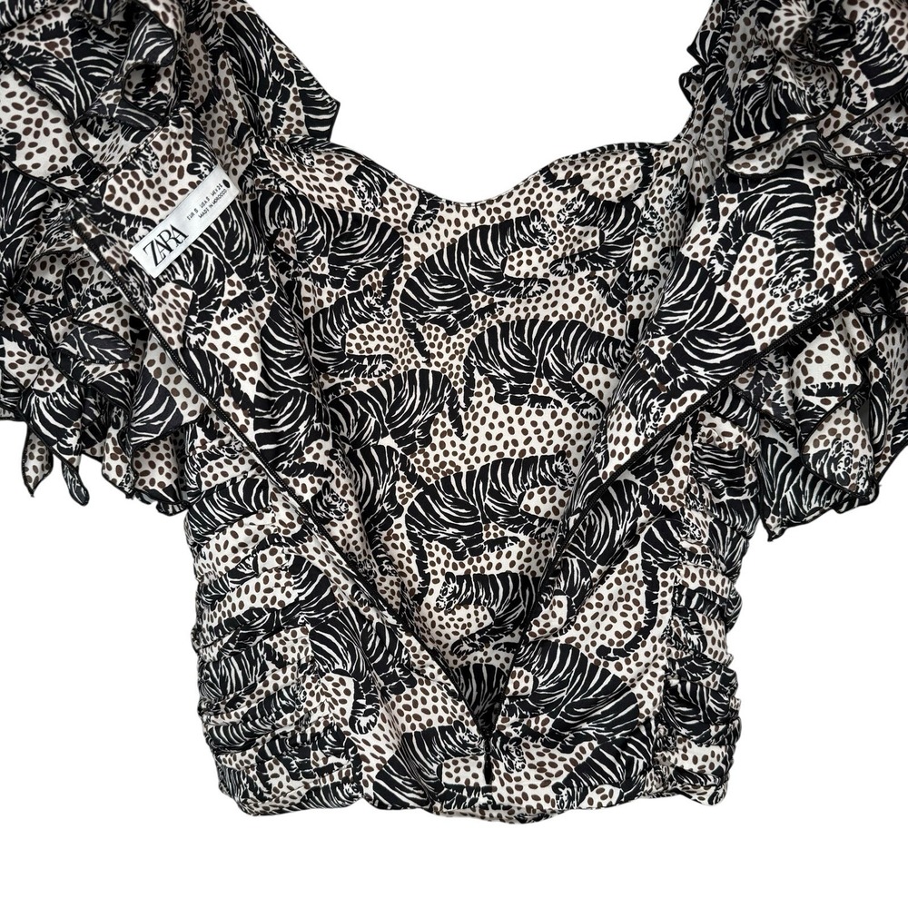 ZARA Blouse Small Tiger Animal‎ Print Ruffle Square Neck Ruched Statement RARE - Picture 6 of 8